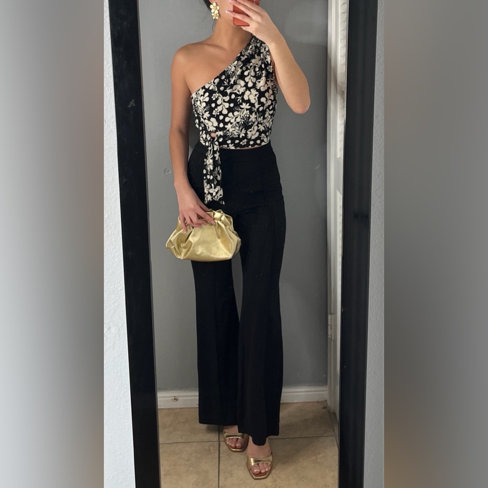 Free People Black and White Floral One-Shoulder Crop Top